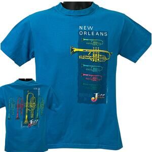 Vintage 80s New Orleans Jazz Trumpet T Shirt NOLA Brass Band USA Blue S Small